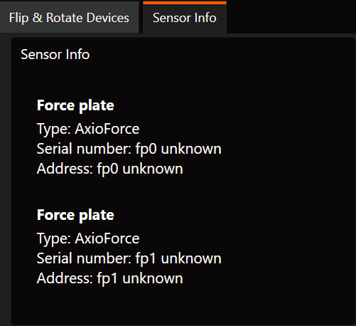 Sensor Info tab showing serial numbers